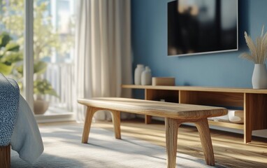 A modern interior living room with wooden bench and a large TV