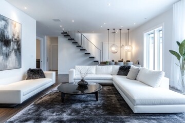 Modern and stylish living room interior featuring white furniture and stairs