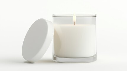 A white candle is placed inside a clear glass container, its wick softly glowing. The candle rests beside its lid on a minimalistic background, showcasing simplicity and elegance