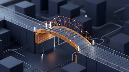 Change Management: A digital bridge being constructed over a gap, symbolizing the transition and adaptation in organizational change management.	
