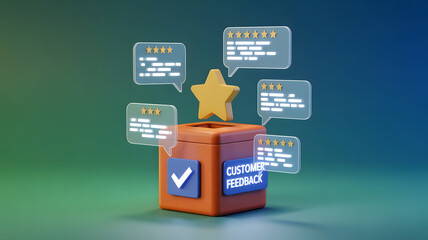 Customer Feedback: A digital suggestion box with floating comments and reviews, symbolizing the importance of customer feedback in business.	