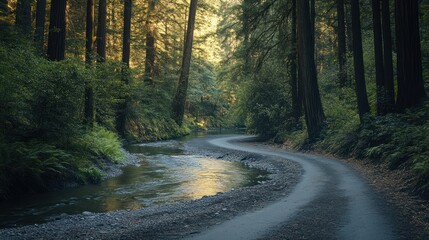 Tranquil river winding through a vibrant ancient forest ecosystem landscape