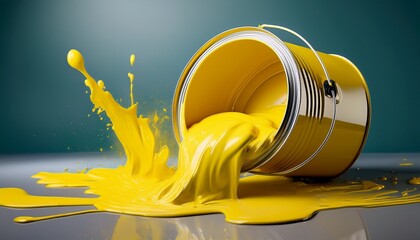 spilled paint bucket with vibrant yellow paint flowing out creating colorful mess bright colors evoke creativity and artistic expression