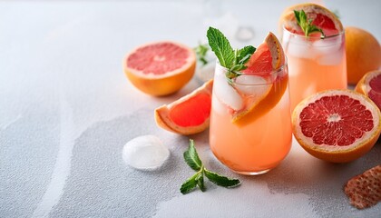refreshing grapefruit cocktail with citrus slices on light background