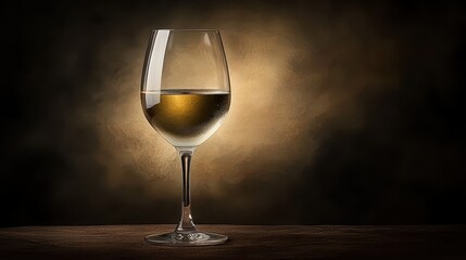 A clear glass filled with white wine sits on a wooden surface. Soft lighting highlights the glass and creates a warm atmosphere, making the setting inviting and relaxing