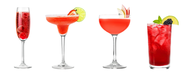 Set bundle of vibrant colorful refreshing red cocktails PNG transparent background, isolated graphic resource. Kir Royale, Strawberry Margarita, Jack Rose, El Diablo cocktail with garnish