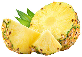 Pineapple isolated png. Pineapple slice and a half on transparent background. Cut pineapple with...