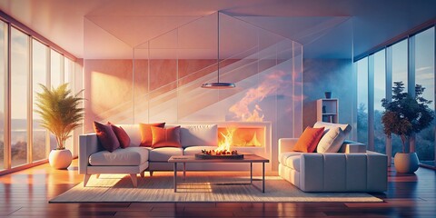 Scandinavian Living Room: White Corner Sofa by Fireplace - Double Exposure Stock Photo