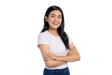 Confident young Asian woman smiling with arms crossed, showing positive attitude, isolated on transparent background