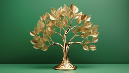 minimalist gold tree sculpture on a green background