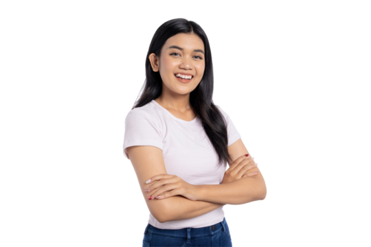 Confident young Asian woman smiling with arms crossed, showing positive attitude, isolated on transparent background
