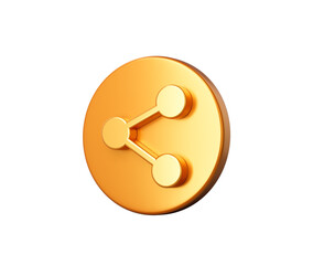 3D Golden circular icon with a share symbol, representing content sharing. 3D Illustration.