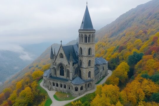 A stunning drone shot of PeleÈ™ Castle in autumn, surrounded by golden and red foliage