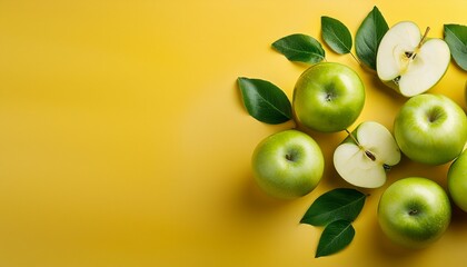 Obraz premium fresh green apples sliced with leaves on bright yellow background