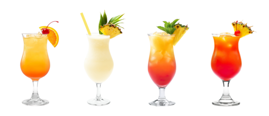 Set bundle of vibrant colorful refreshing cocktails PNG transparent background isolated. Sex on the beach, Pina Colada, Planters Punch, Bahama Mama exotic summer cocktail in Poco Grande glass