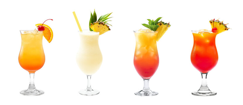 Set bundle of vibrant colorful refreshing cocktails PNG transparent background isolated. Sex on the beach, Pina Colada, Planters Punch, Bahama Mama exotic summer cocktail in Poco Grande glass
