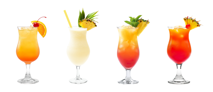 Set bundle of vibrant colorful refreshing cocktails PNG transparent background isolated. Sex on the beach, Pina Colada, Planters Punch, Bahama Mama exotic summer cocktail in Poco Grande glass