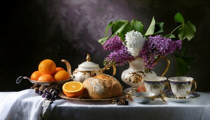 still life classical vintage baroque style breakfast with bread grapes orange cream and flowers on dark background