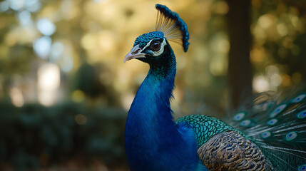 Fototapeta premium Vibrant Peacock Close-Up in Lush Greenery: Majestic Wildlife Photography with Iridescent Feathers