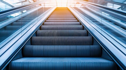 Fototapeta premium A modern escalator illuminated by sunlight, leading upwards in a sleek architectural setting.