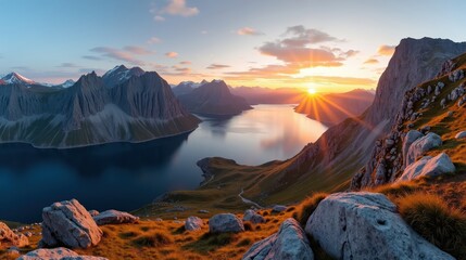 Fototapeta premium Sunny Dalsnibba viewpoint in Norway during dawn, showing natural mountain views from a panoramic perspective.