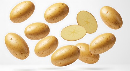 Obraz premium Floating Potatoes Golden Harvest Suspended Potato Flight Russet Rhapsody Airy Spuds The Potato Dance Weightless Harvest Potato Cloud Golden Orb Flight AI Generated