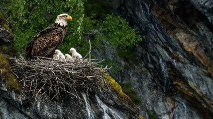 A photograph captures a majestic eagle's nest on a rugged cliff's edge, where a mother eagle with outstretched wings watches intently as she feeds her fluffy white and brown chicks.