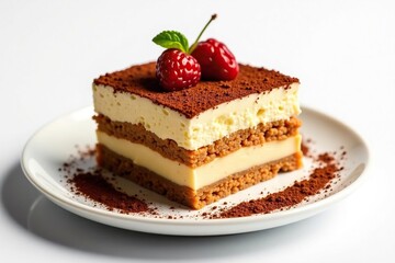 Individual tiramisu portion, rich cocoa dusting, creamy texture , confectionery, indulgence