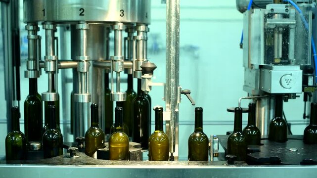 Wine bottle conveyor efficiently processes glass bottles in factory setting
