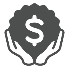 Hands with dollar sticker solid icon, exhibition concept. Vector graphics. Selling tickets, monetization sign on white background, glyph style icon for mobile or web design.