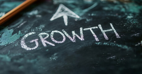 Fototapeta premium A chalkboard displaying the word 'Growth' with an upward arrow, symbolizing progress and development.