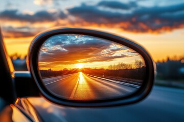 Fototapeta premium Sunset Reflection in Side Mirror of Car Showcasing Golden Horizon and Dramatic Clouds