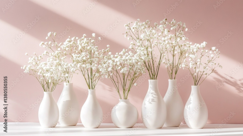 Aufkleber Soft sunlight streams through the window, illuminating an array of white vases filled with tiny white flowers. The minimalist design adds a touch of tranquility to the pink walls
