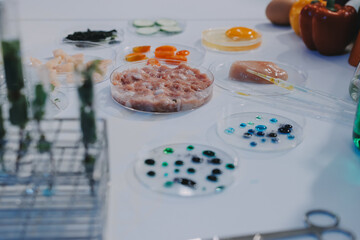 Team Asian scientists in a lab conducting food research using a microscope and lab equipment, showcasing innovation in food science and biotechnology
