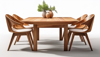 modern wooden table with chairs cutout isolated on white white background generative ai