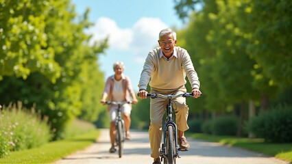 Active Senior Couple Enjoying Cycling in a Green Park on a Sunny Day, Healthy Lifestyle and Retirement Freedom
晴れた日に緑豊かな公園でサイクリングを楽しむアクティブなシニア夫婦、健康的なライフスタイルと悠々自適な老後の自由