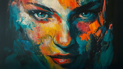 A close-up view of a striking portrait capturing a woman's face with intense eyes, featuring a dynamic mix of bold colors and textured brush strokes, evoking emotion and depth.
