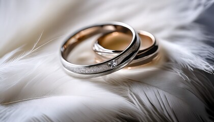 elegant wedding rings displayed on soft feather background in natural light