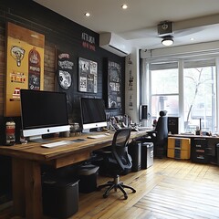Urban loft workspace with computers, art, and city view