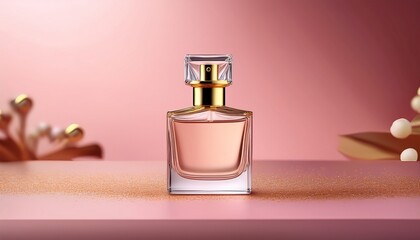 perfume bottle with gold cap on a pink background
