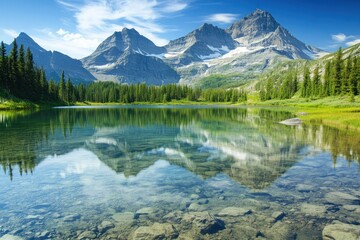 Serene Mountain Lake Surrounded by Lush Greenery and Majestic Peaks Under a Clear Sky