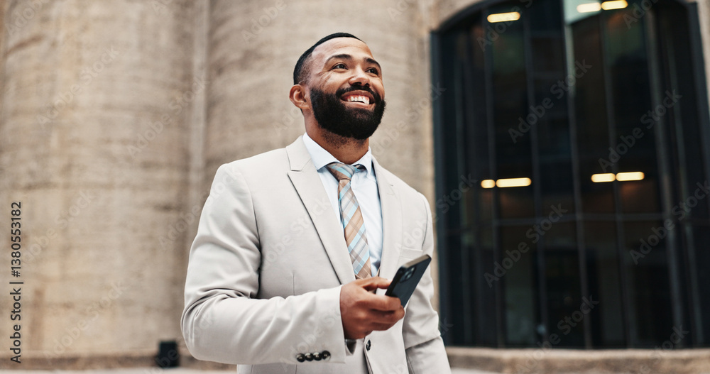 Poster business man, phone and search in city with digital map, direction and location on web for real esta