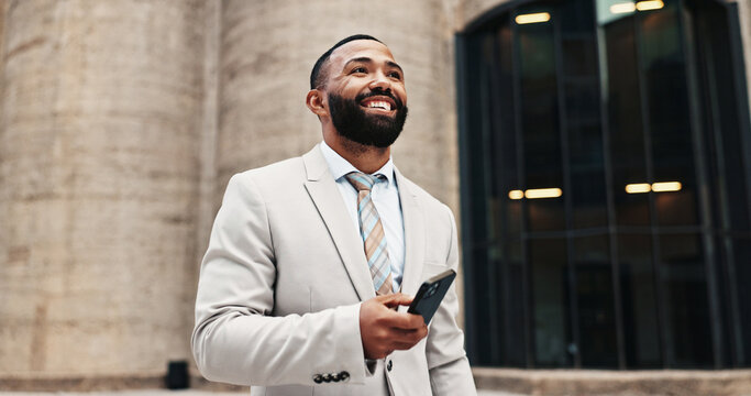 Business man, phone and search in city with digital map, direction and location on web for real estate job. Property developer, person and smartphone with mobile app, happy and notification in Brazil