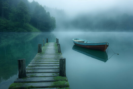 A serene wooden dock stretches into a misty lake, highlighting a solitary boat anchored peacefully. - Powered by Adobe