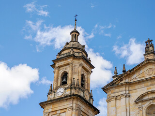 detail of dome cathedral church in main city square of Candelaria historic downtown district, Bogota colombia