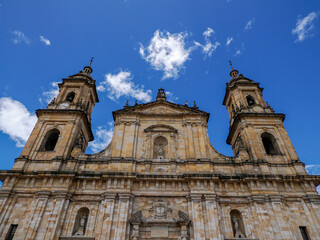 Obraz premium dome cathedral church in main city square of Candelaria historic downtown district, Bogota colombia