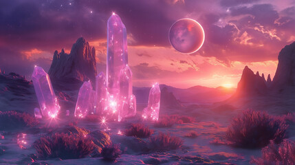 A stunning scene of towering pink crystals reflecting the twilight glow, set against a dreamy cosmic landscape.