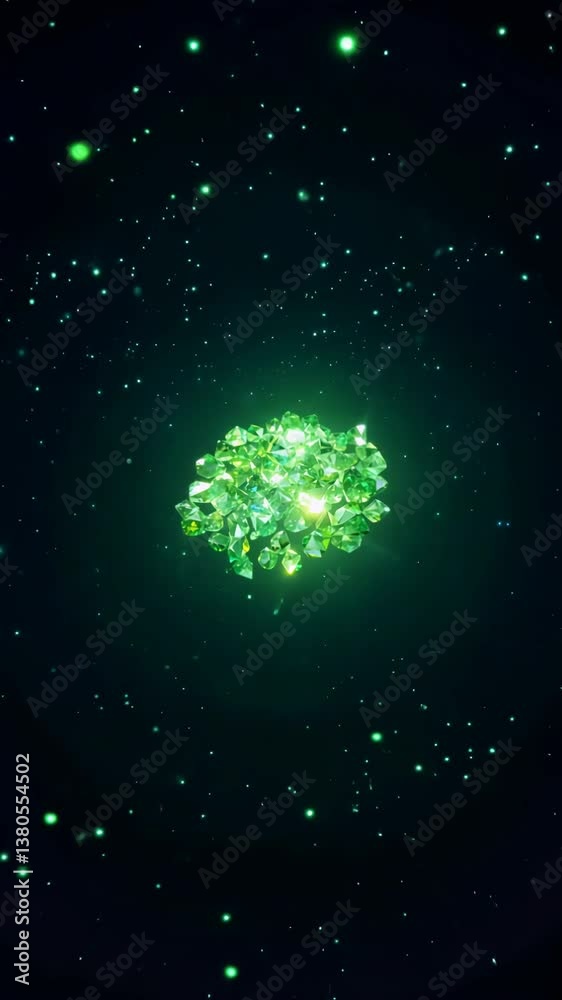 Poster A bunch of green gems are shown in the image. They are all different sizes and shapes. The gems are scattered all over the image, with some closer to the foreground and others further back