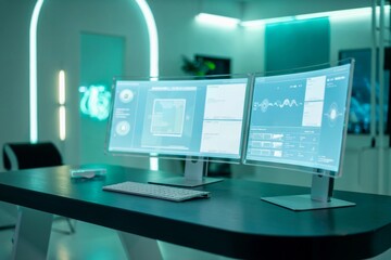 Futuristic workspace with dual monitors showcasing data analysis  