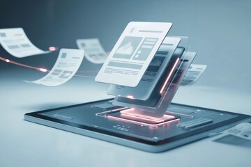 Digital Illustration of Floating Paper Sheets Above a Device  